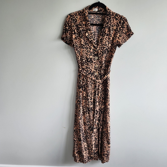 ARITZIA Wilfred Leopard Print Short Sleeve Midi Dress Button Closure Waist Belt - Picture 3 of 12